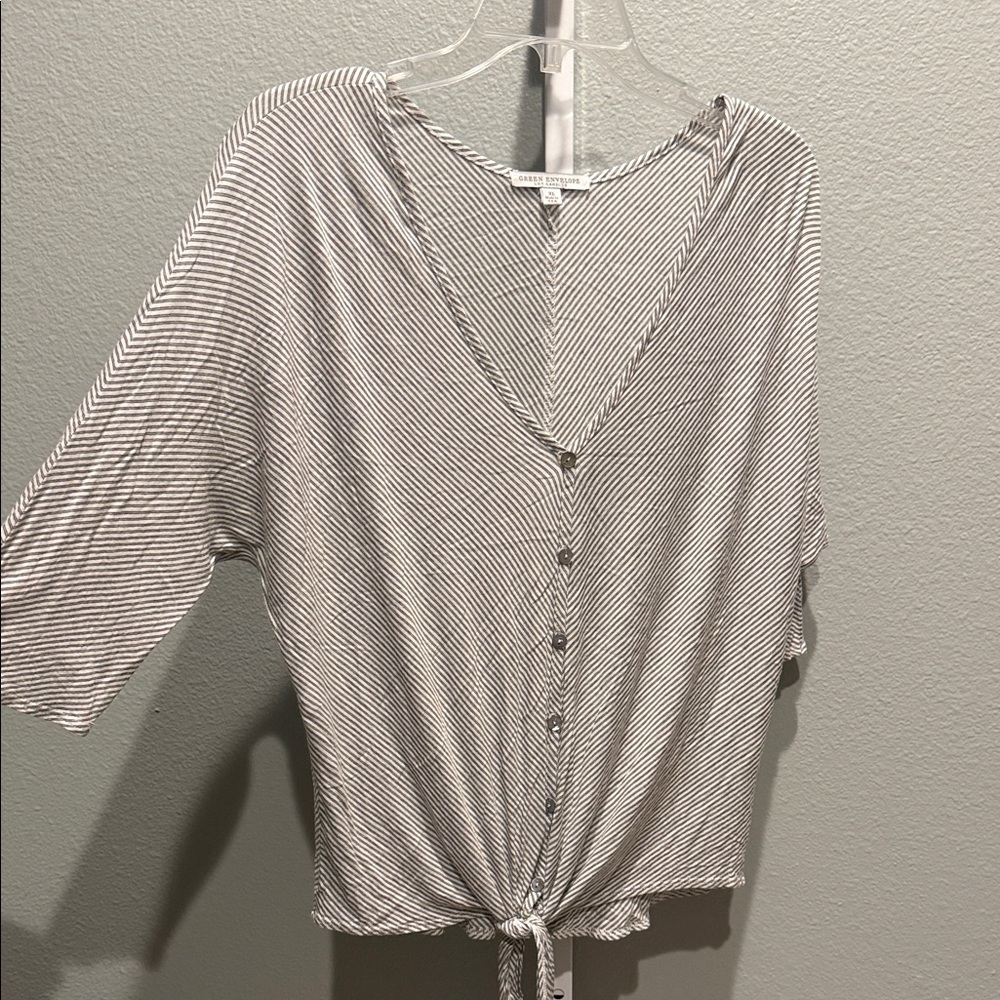 Green Envelope Black & White Striped Tie-Front Button Top